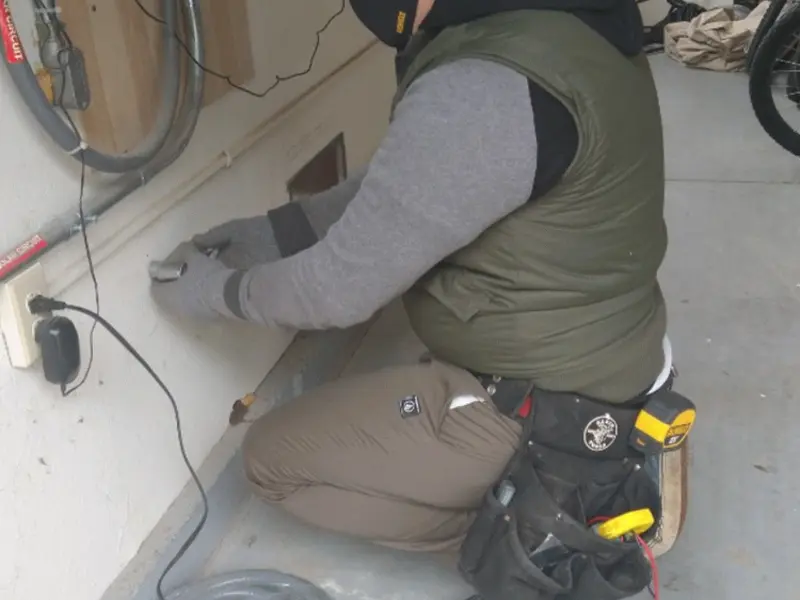 Electrician performing outlet wiring in a Clarkstown garage